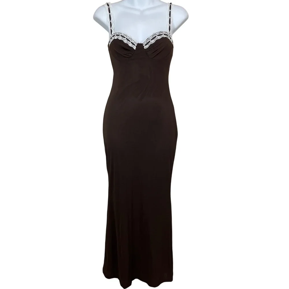 Saints & Secrets Lace Trim Y2K Forest Fairy Slip Maxi Dress Size‎ Medium Coffee